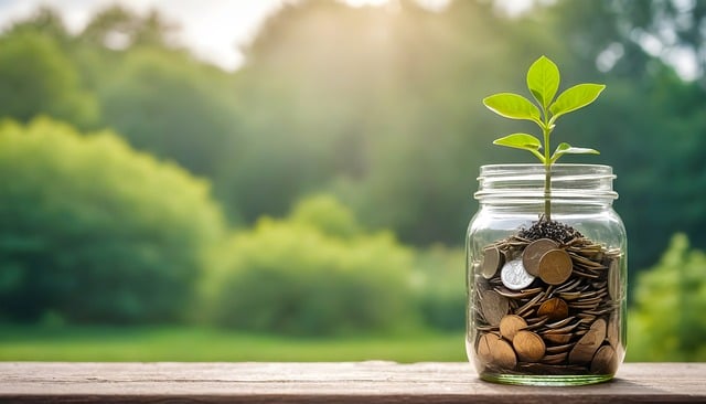 *Managing Personal Finances*—A glass jar filled with coins, with a small plant growing out of it, symbolizing financial growth, smart savings, and personal wealth management.