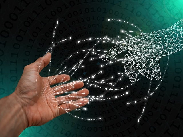 *5 Pillars of Digital Transformation*—A human hand reaching out toward a wireframe digital hand, with glowing data nodes and binary code in the background, symbolizing the connection between people and emerging technologies.