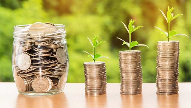 coins stacked coins with a jar of coins and a jar of coins with a plant growing out of them