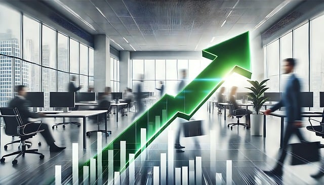 *Financial Trends 2025*—A modern office space with several people working at desks, featuring a large green upward arrow and bar graph overlay, symbolizing financial growth and trends.