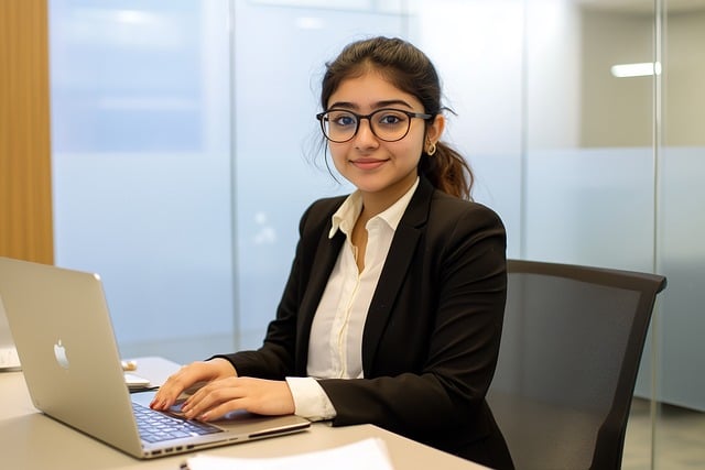 A person in business attire working on a laptop in a modern office, symbolizing **Easy Side Hustles from Home** for financial independence.