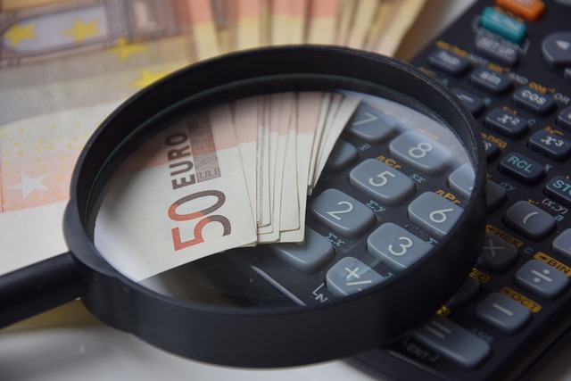 A magnifying glass placed over a stack of 50 Euro banknotes and a calculator, symbolizing **How to Save 100% Tax** through financial scrutiny and strategic tax planning.