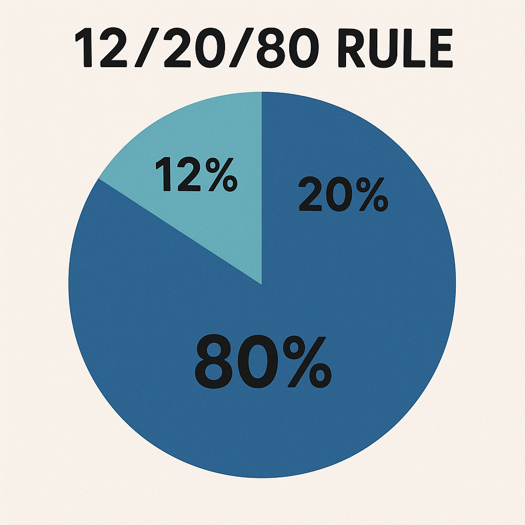 *12/20/80 Rule*—A visually structured pie chart divided into three sections: 12%, 20%, and 80%, illustrating financial allocation principles for strategic budgeting and resource distribution.