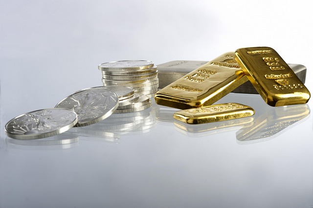 7% Rule in Stocks—A collection of shiny gold bars and silver coins arranged on a reflective surface, symbolizing high-value assets, disciplined investing, and wealth preservation through smart stock market strategies.