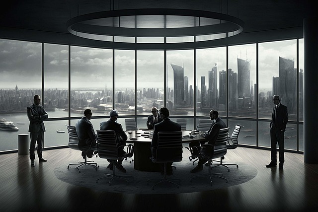 *"Business professionals in formal attire discussing strategies around a modern conference table with a panoramic city view, exploring insights on **how to build wealth in 2025** through smart investments and financial planning."*