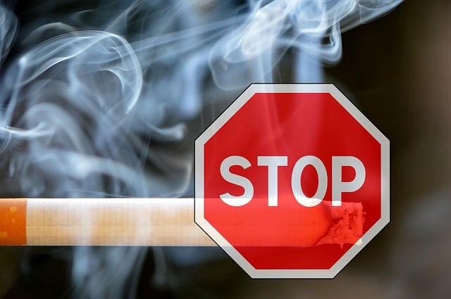 Billionaire Blueprint—A lit cigarette with swirling smoke overlaid by a bold red "STOP" sign, symbolizing a decisive break from harmful habits as part of a disciplined and focused path toward success.